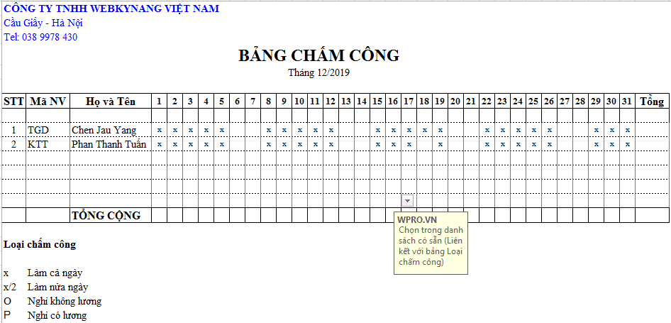 Mẫu bảng chấm công theo ngày bằng excel - WPRO - Phần mềm Quản lý ...