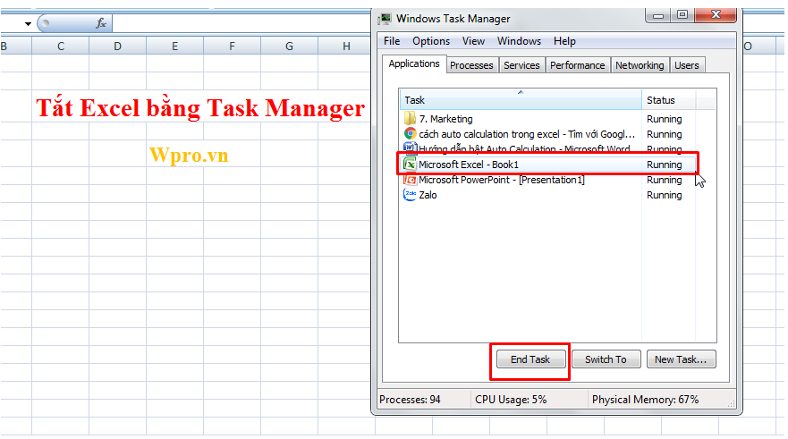 tắt excel bằng task manager