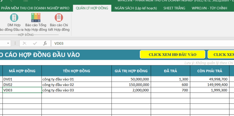 bao cao tong hop theo hop dong cong trinh dau ra - dau vao wpro thu chi