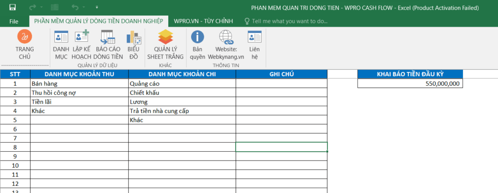 quản lý dòng tiền excel