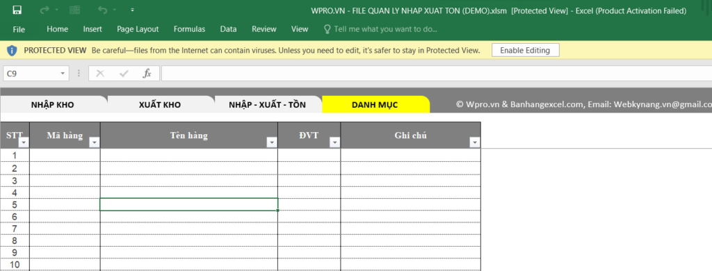 kho đơn giản bằng excel