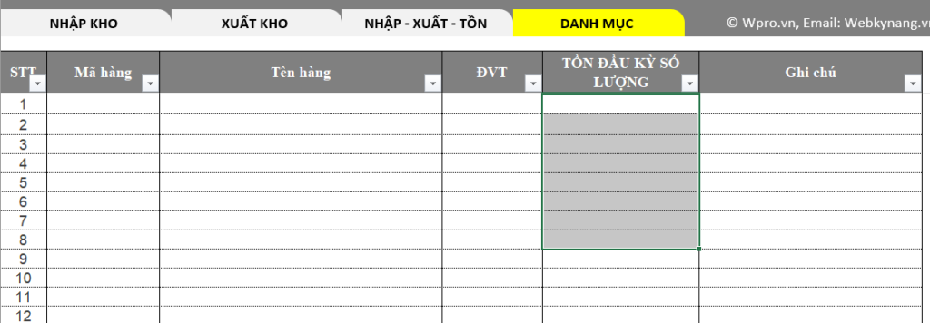 Kho đơn giản bằng excel