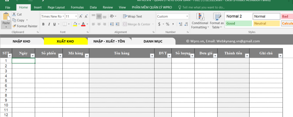 kho đơn giản excel