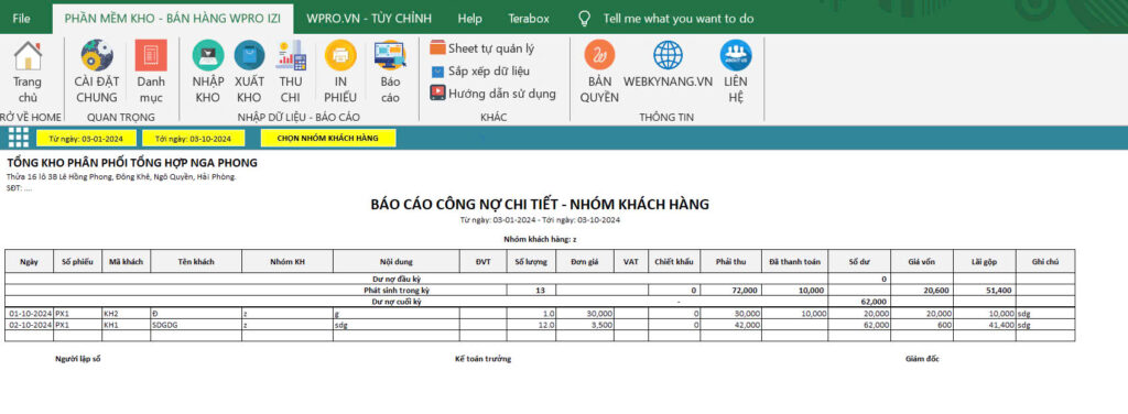 izi - phan mem kho ban hang - bao cao cong no chi tiet - theo nhom