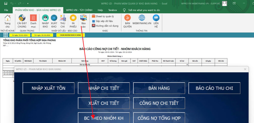 izi - phan mem kho ban hang - bao cao cong no theo nhom