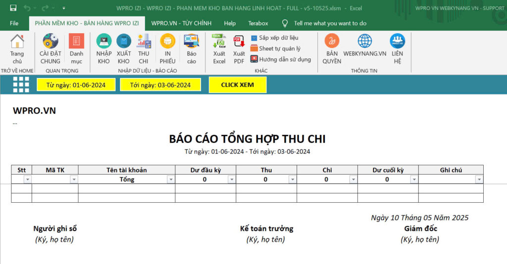 izi - phan mem kho ban hang - bao cao thu chi